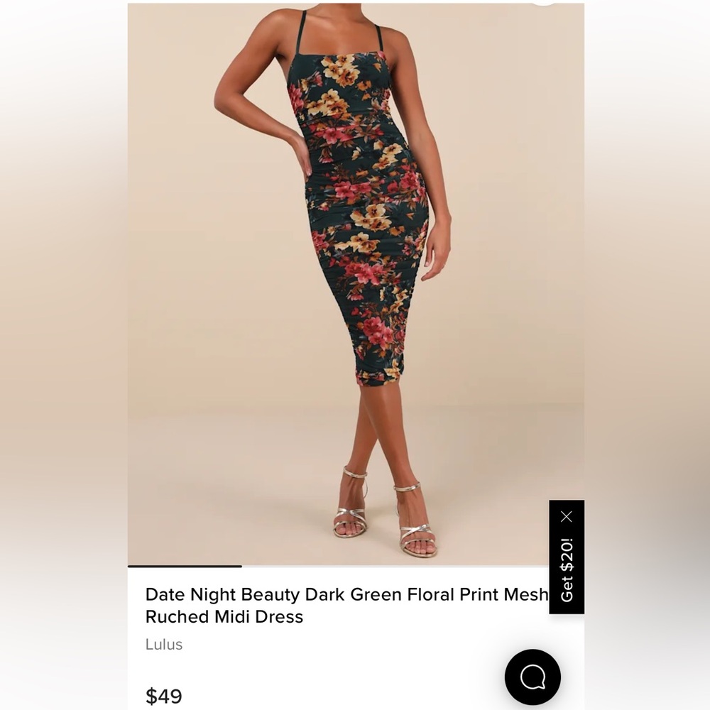 Lulu's Date Night Beauty Dark Green Floral Print Mesh Ruched Midi Dress